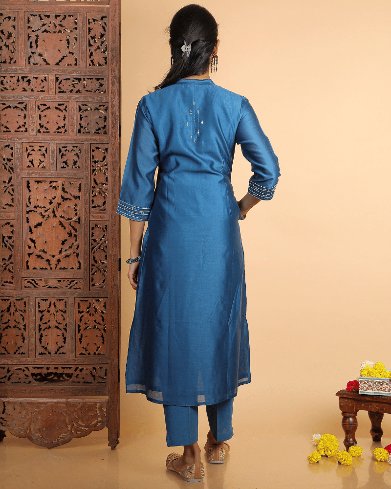 Zaalima Chanderi Silk Kurta and Pant Set with collar neck in classic blue