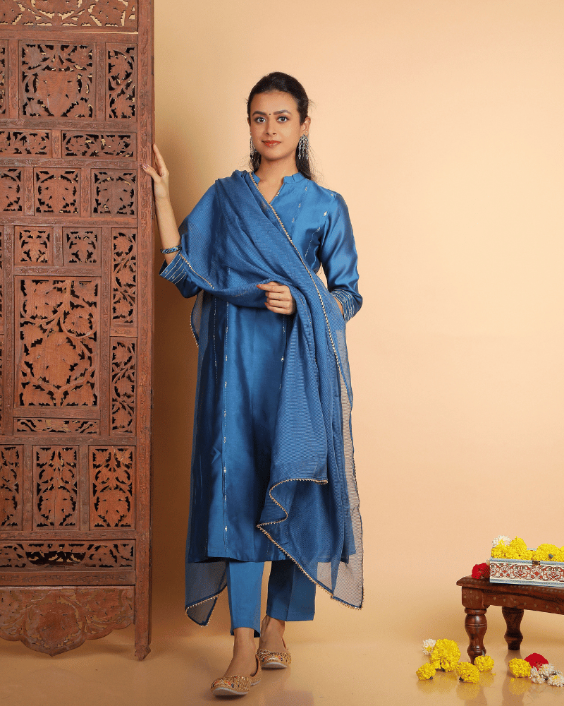 Zaalima Chanderi Silk Kurta and Pant Set with collar neck in classic blue