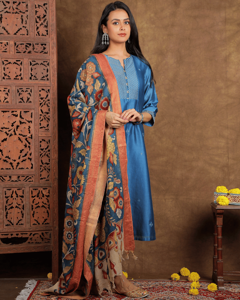Guzaarish Chanderi Silk Kurta and Pant Set with embroidered yoke and sleeves in classic blue