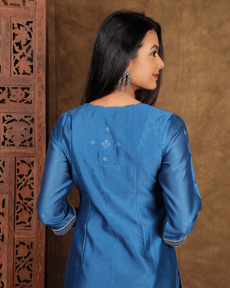 Guzaarish Chanderi Silk Kurta and Pant Set with embroidered yoke and sleeves in classic blue