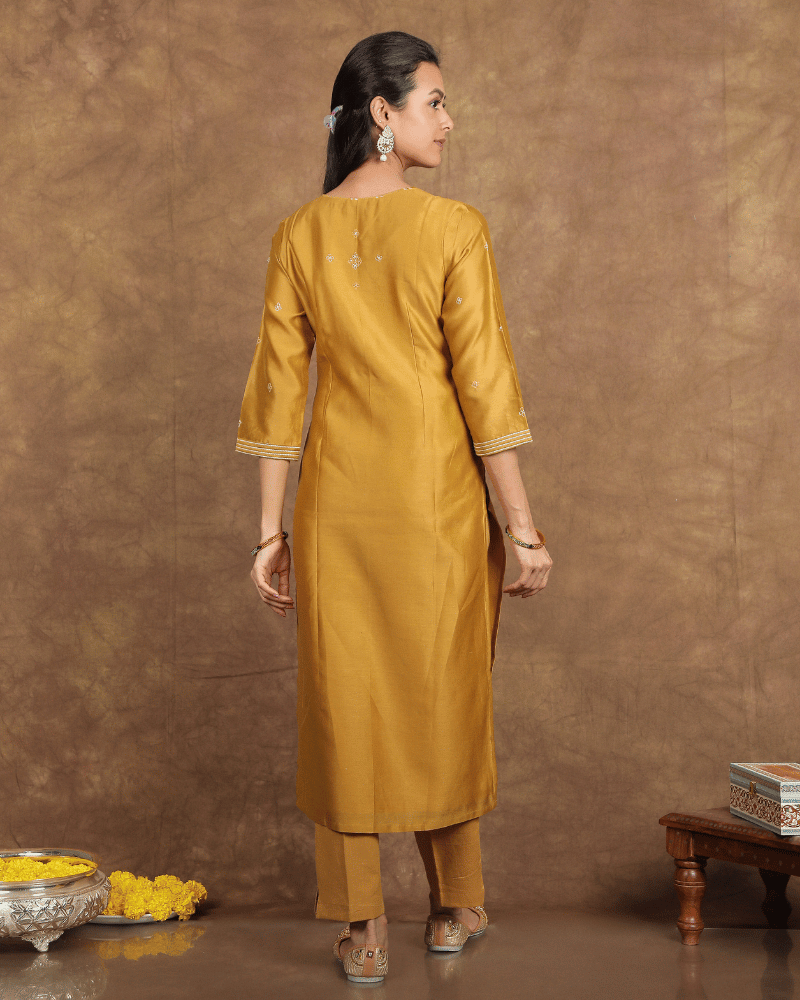 Guzaarish Chanderi Silk Kurta and Pant Set with embroidered yoke and sleeves in old gold