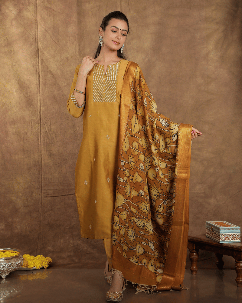 Guzaarish Chanderi Silk Kurta and Pant Set with embroidered yoke and sleeves in old gold