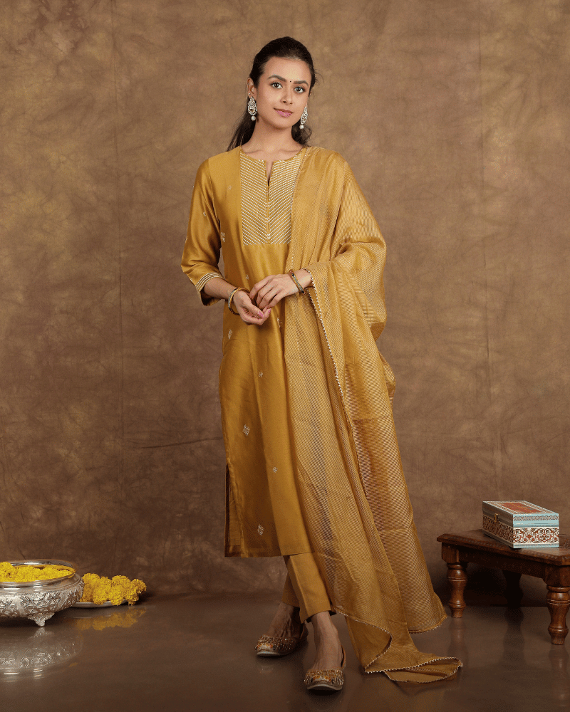 Guzaarish Chanderi Silk Kurta and Pant Set with embroidered yoke and sleeves in old gold