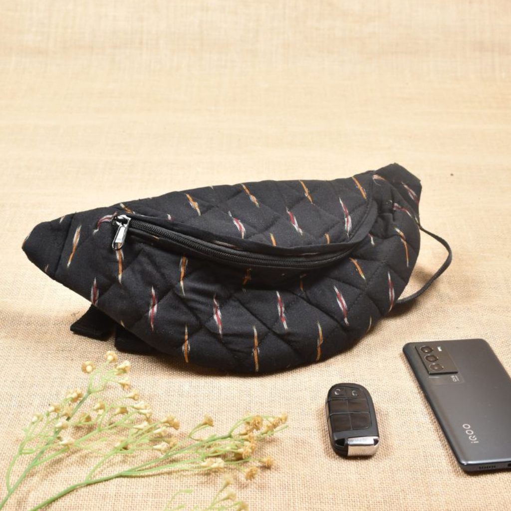 Fanny bag or waist bag in black ikat