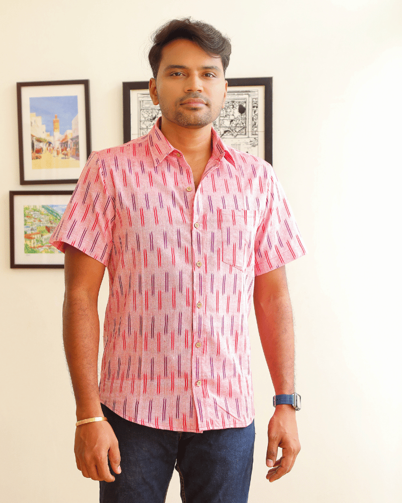 Pink Casual Men's Shirt In Ikat cotton