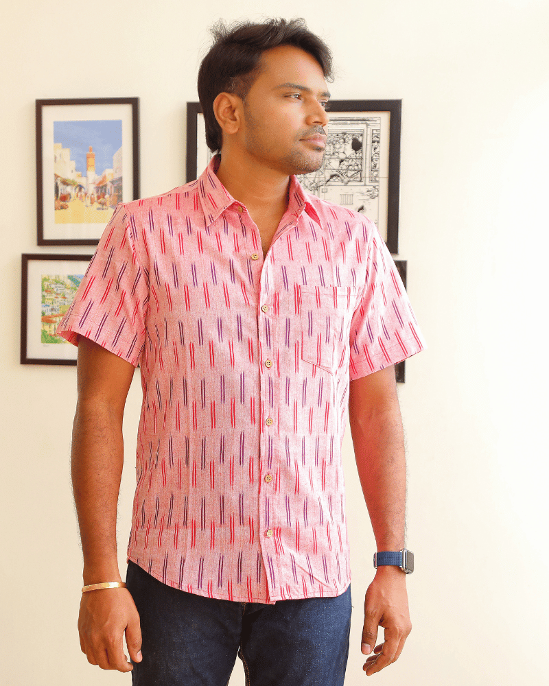Pink Casual Men's Shirt In Ikat cotton