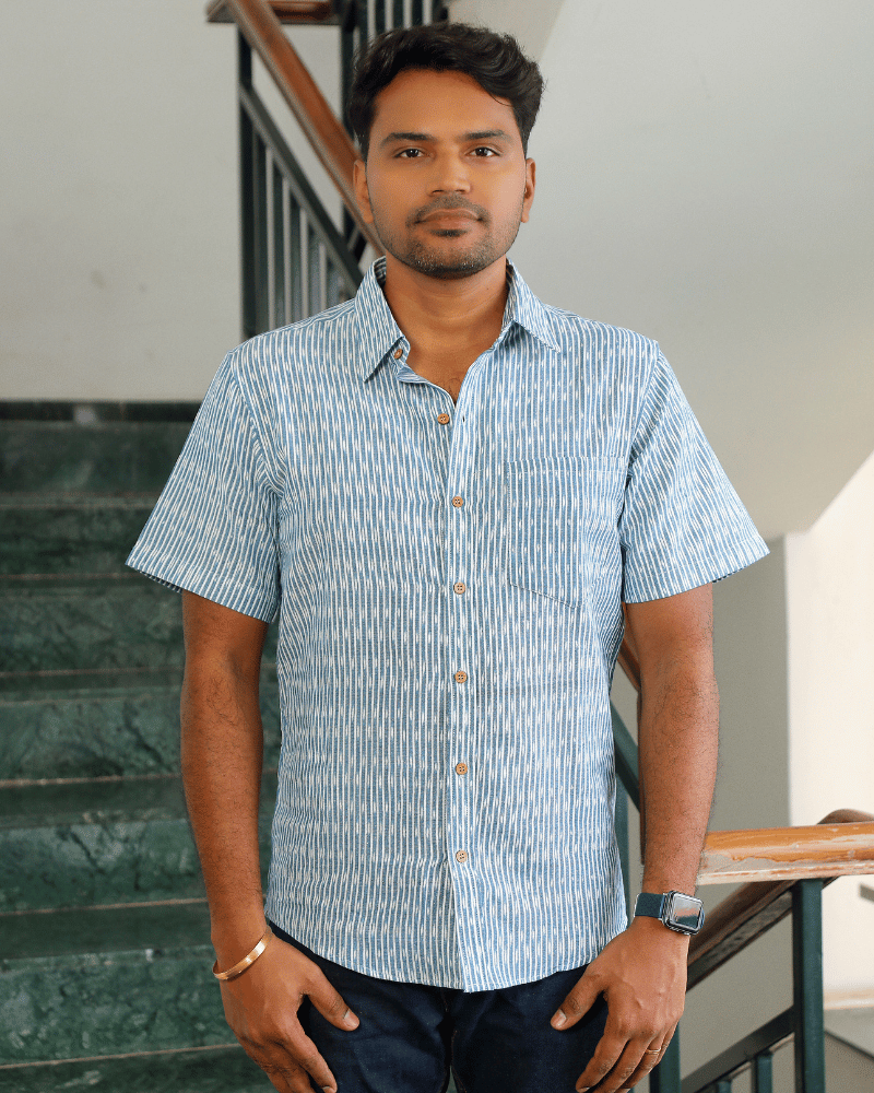 Blue Casual Men's Shirt In Ikat cotton