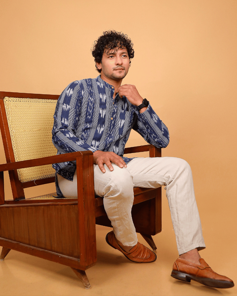 Men Blue Ikat Cotton Short Kurta With Full Sleeves