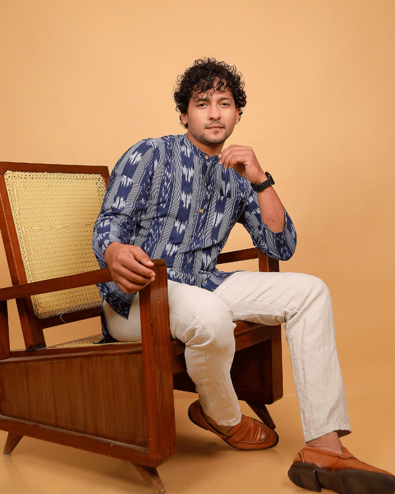 Men Blue Ikat Cotton Short Kurta With Full Sleeves