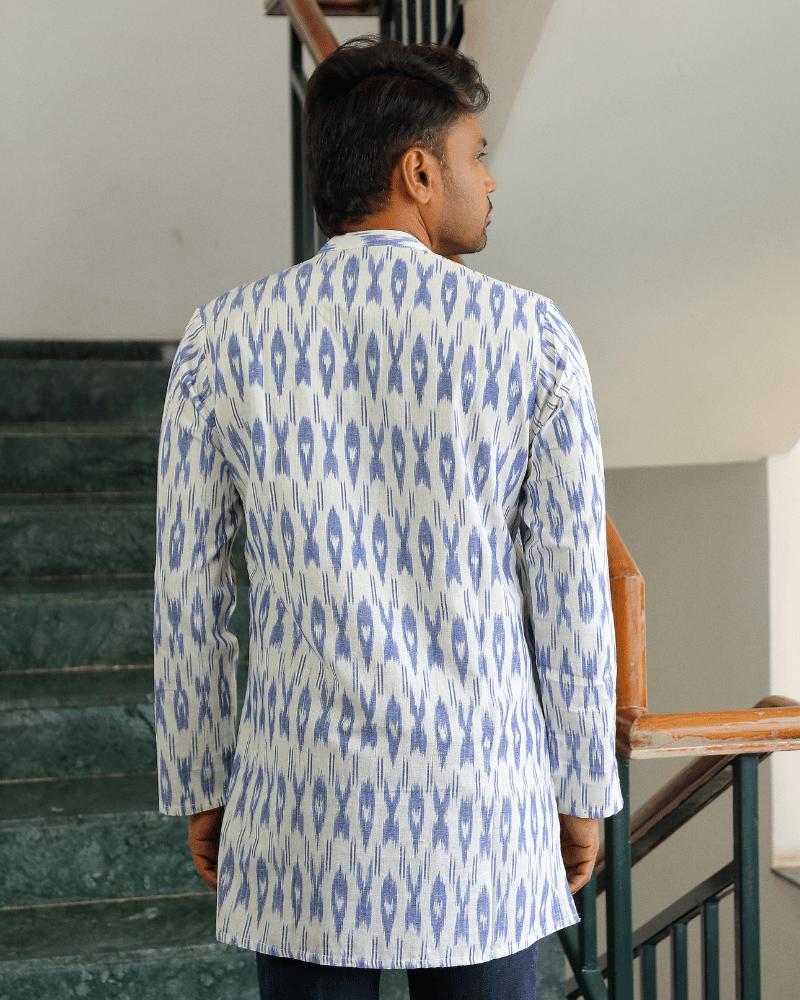 White Ikat Cotton Short Kurta With Full Sleeves