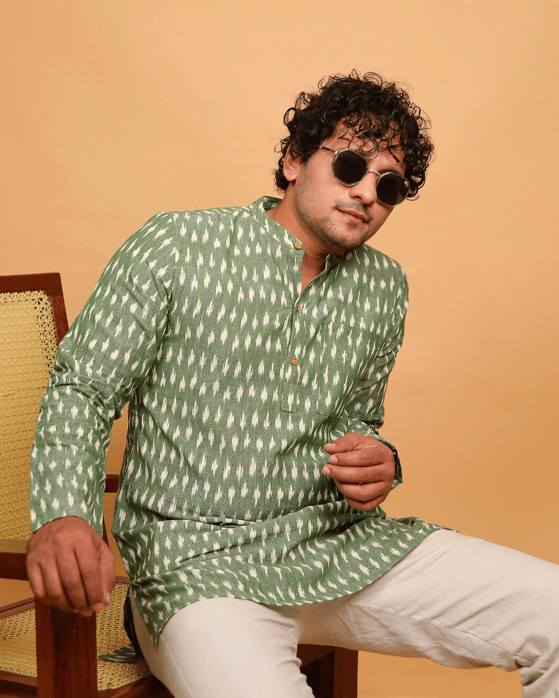 Men Green Ikat Cotton Short Kurta With Full Sleeves