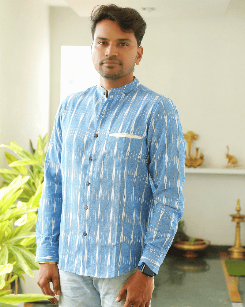 Blue ikat mandarin collar full sleeves shirt for men