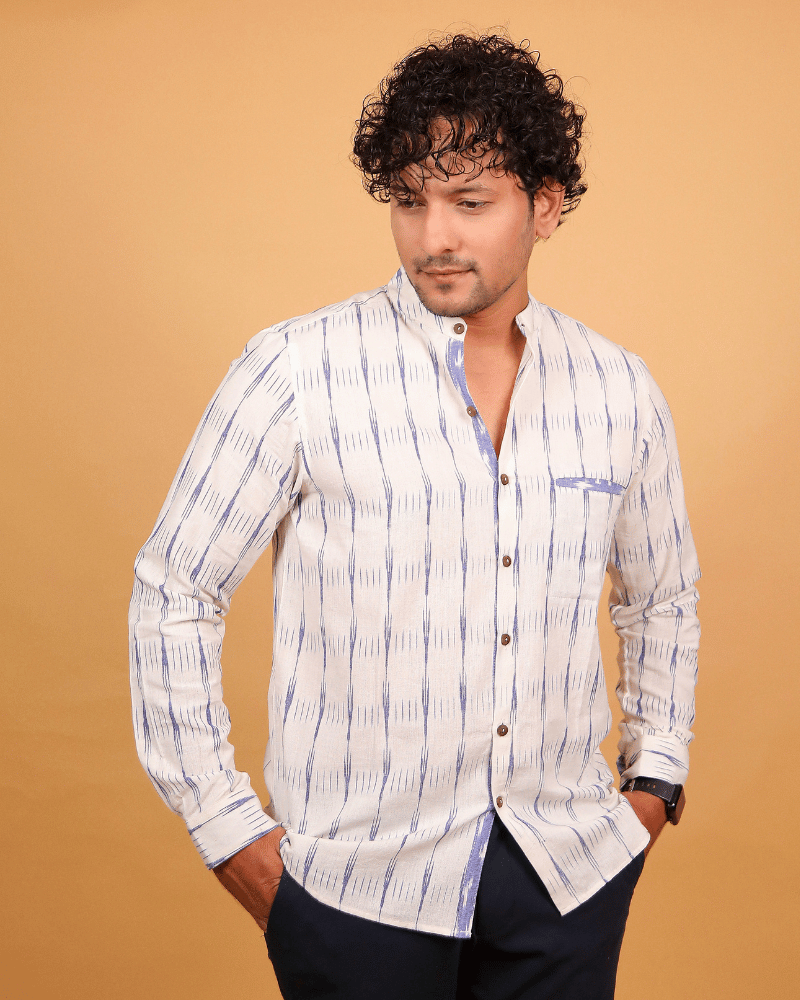 White ikat mandarin collar full sleeves shirt for men