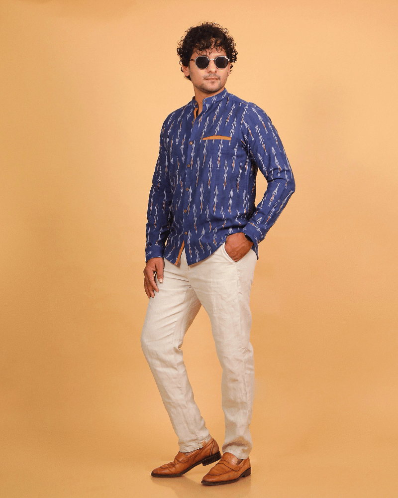 Navy Blue ikat mandarin collar full sleeves shirt for men