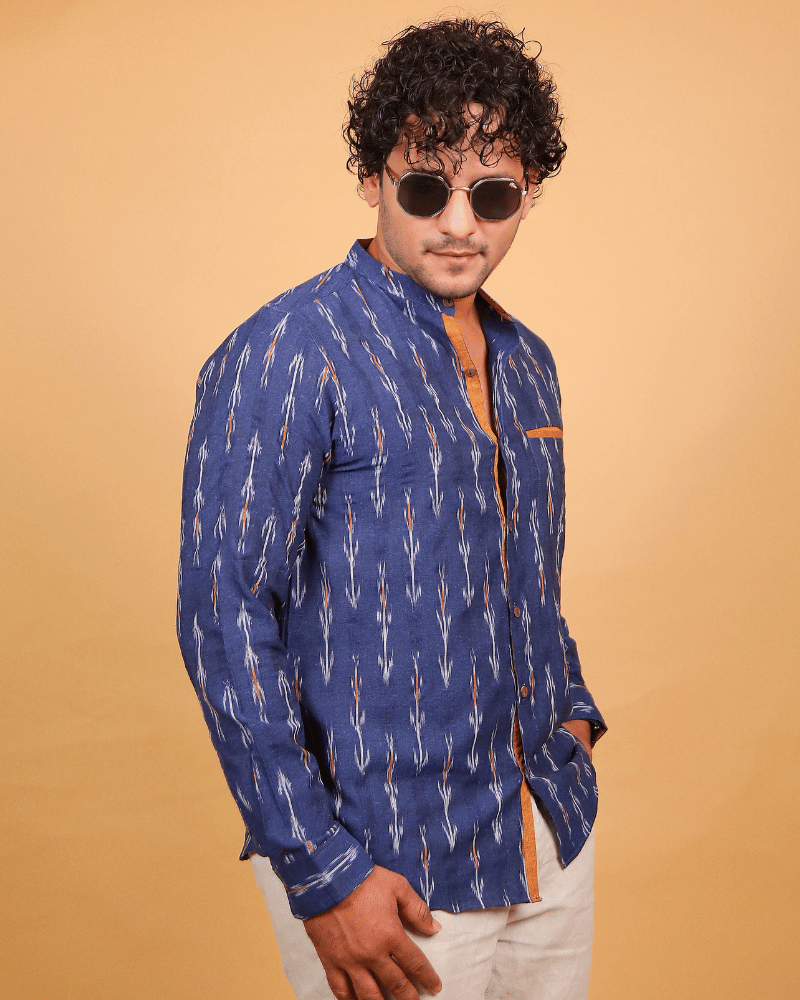 Navy Blue ikat mandarin collar full sleeves shirt for men