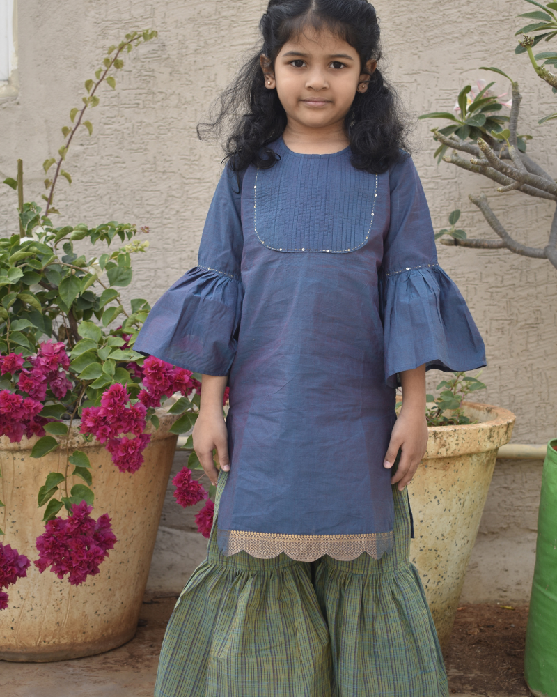 Girls blue and green mangalagiri cotton sharara with tunic top