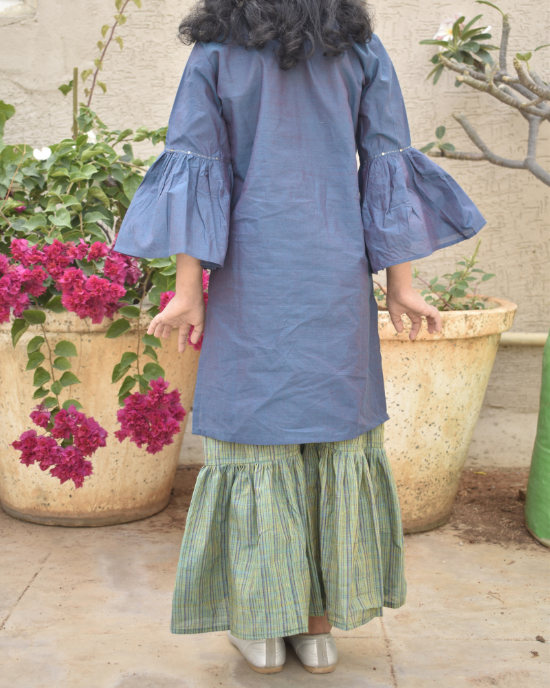 Girls blue and green mangalagiri cotton sharara with tunic top