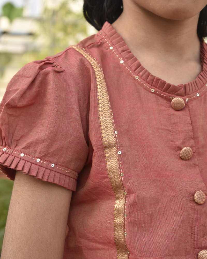 Girls orange and gold mangalagiri cotton lehenga set