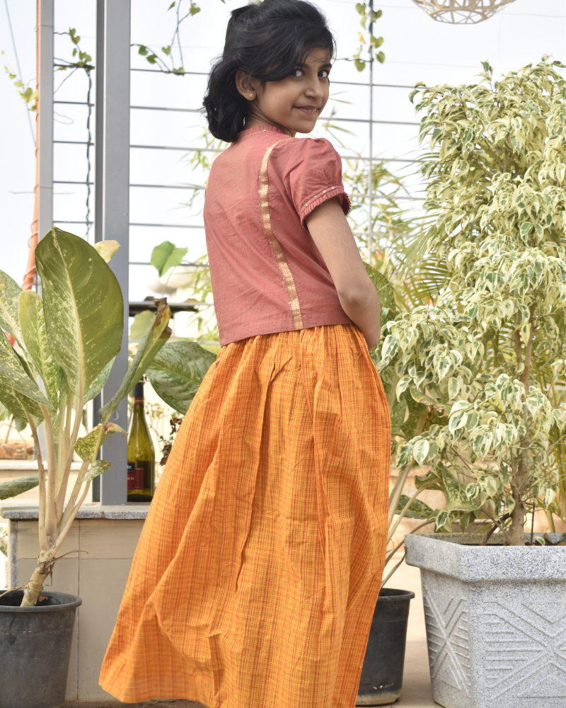Girls orange and gold mangalagiri cotton lehenga set