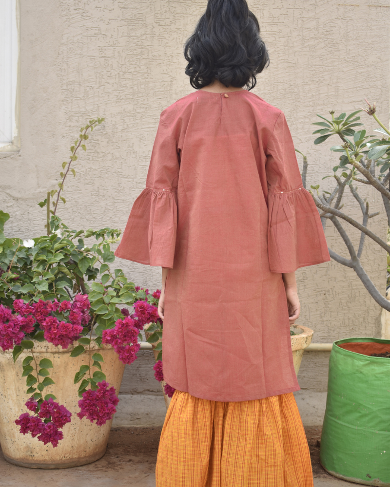Girls orange and gold mangalagiri cotton sharara with tunic top