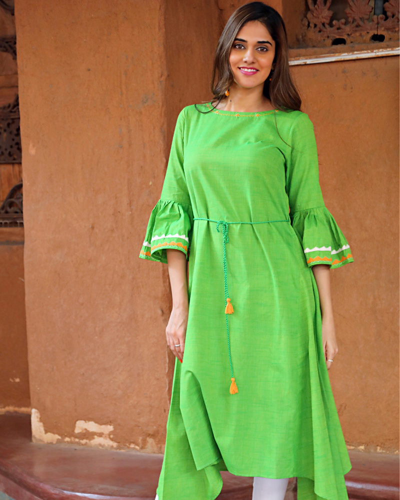 Green Handloom Kurta With Hand Emboidery