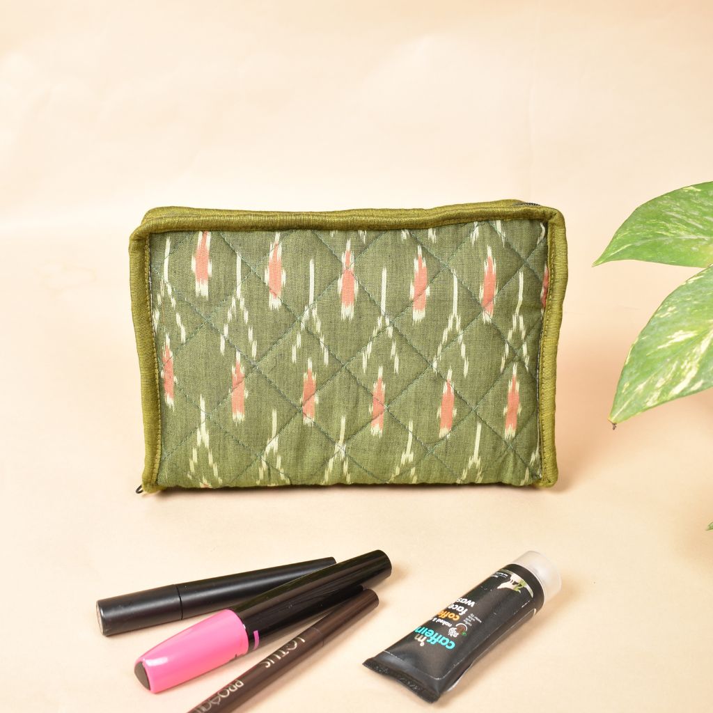 Green ikat jewellery pouch with 4 zips