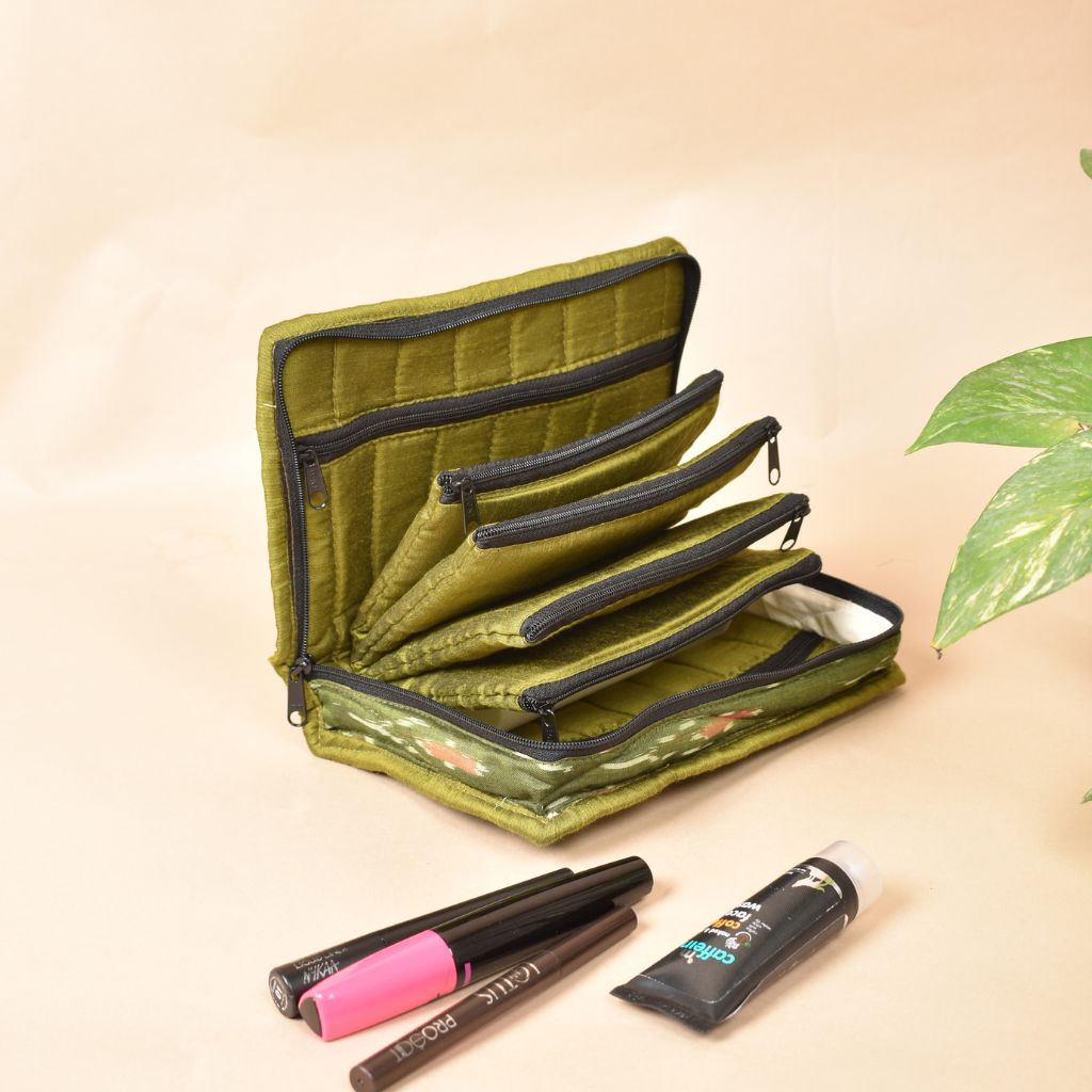 Green ikat jewellery pouch with 4 zips - zips