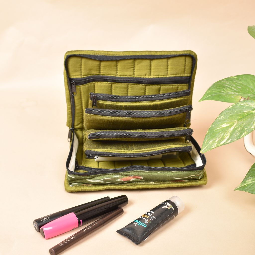 Green ikat jewellery pouch with 4 zips - inside
