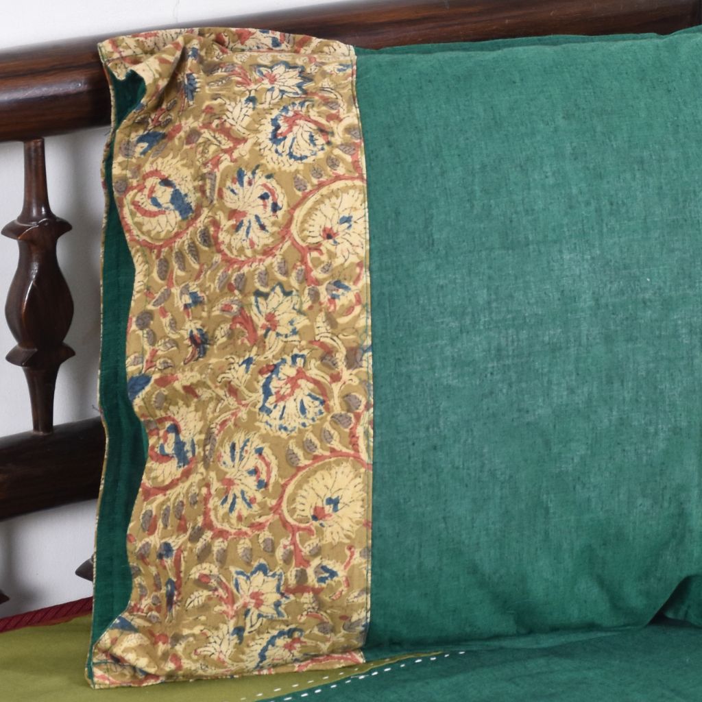 Green Mangalgiri Pillow Cover Pair With Kalamkari Design
