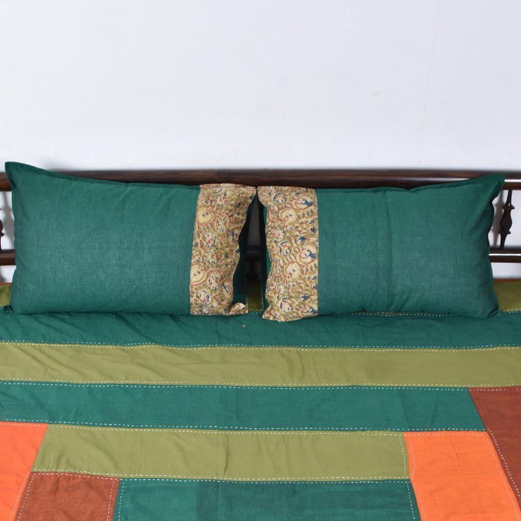 Green Mangalgiri Pillow Cover Pair With Kalamkari Design