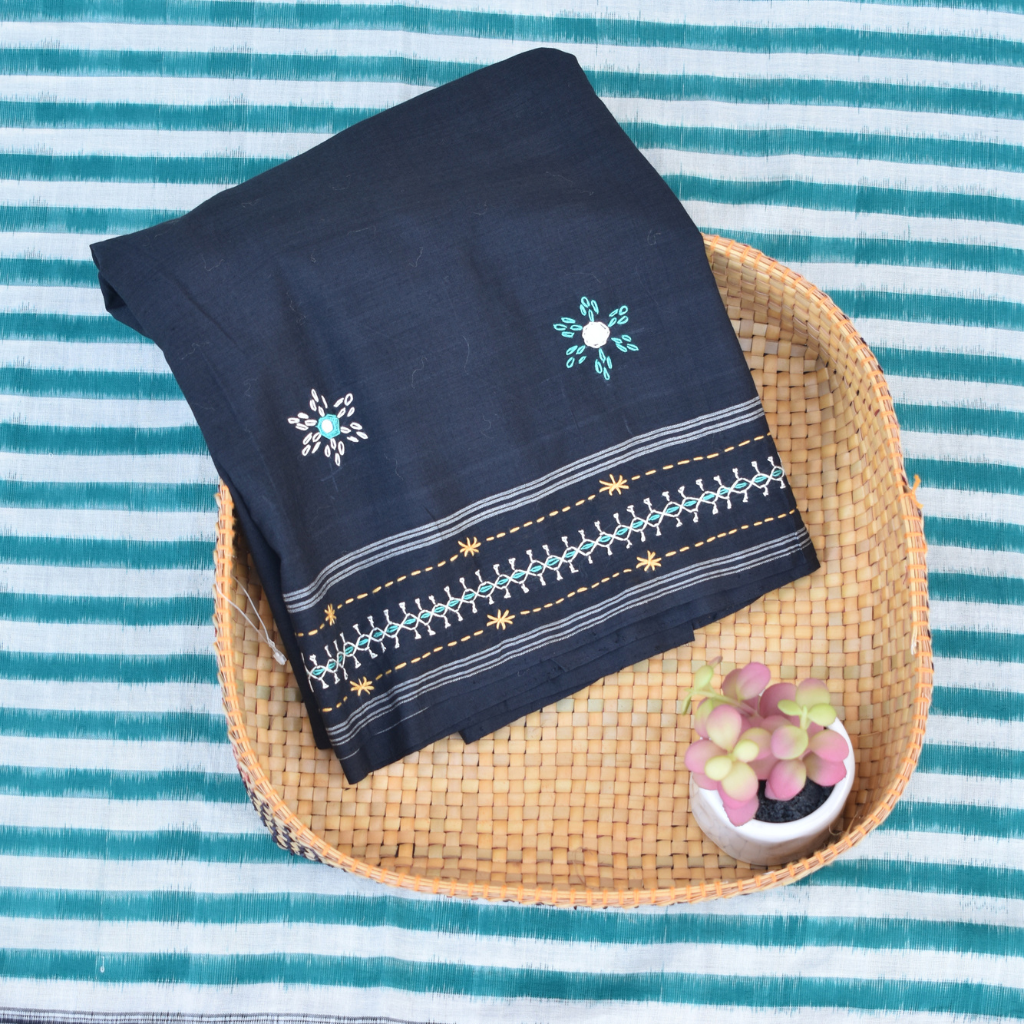 Green and black handloom double ikat saree with hand embroidery