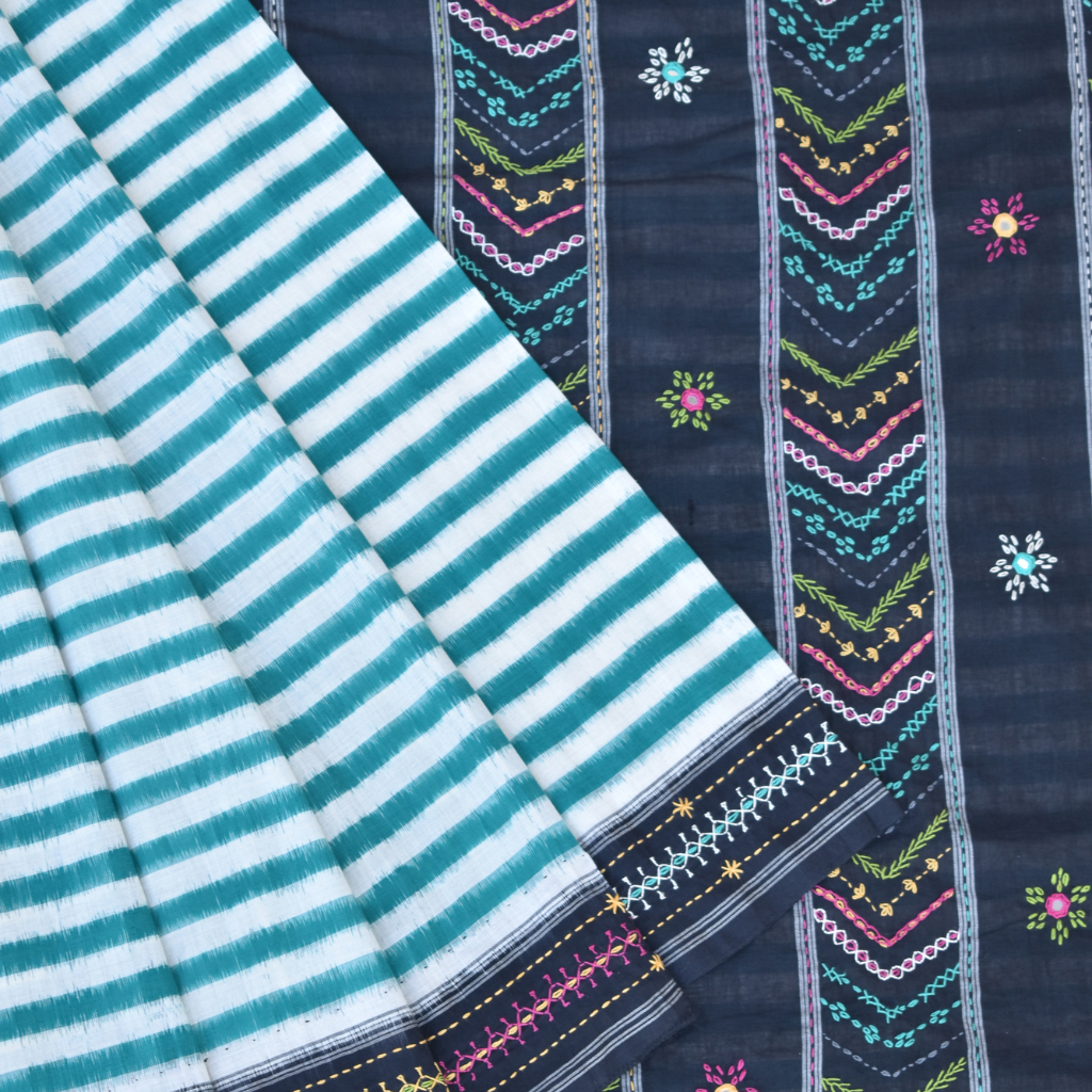 Green and black handloom double ikat saree with hand embroidery