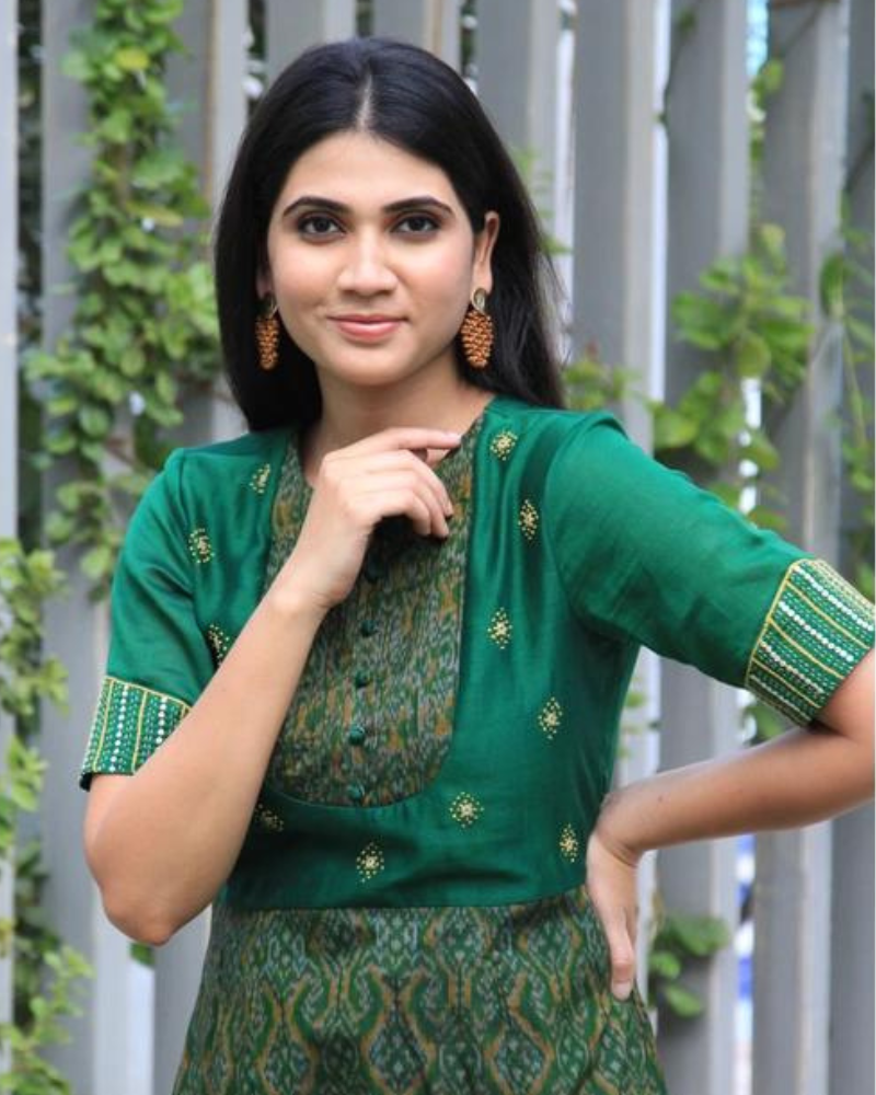 Green chanderi and SICO ikat gown with hand embroidery