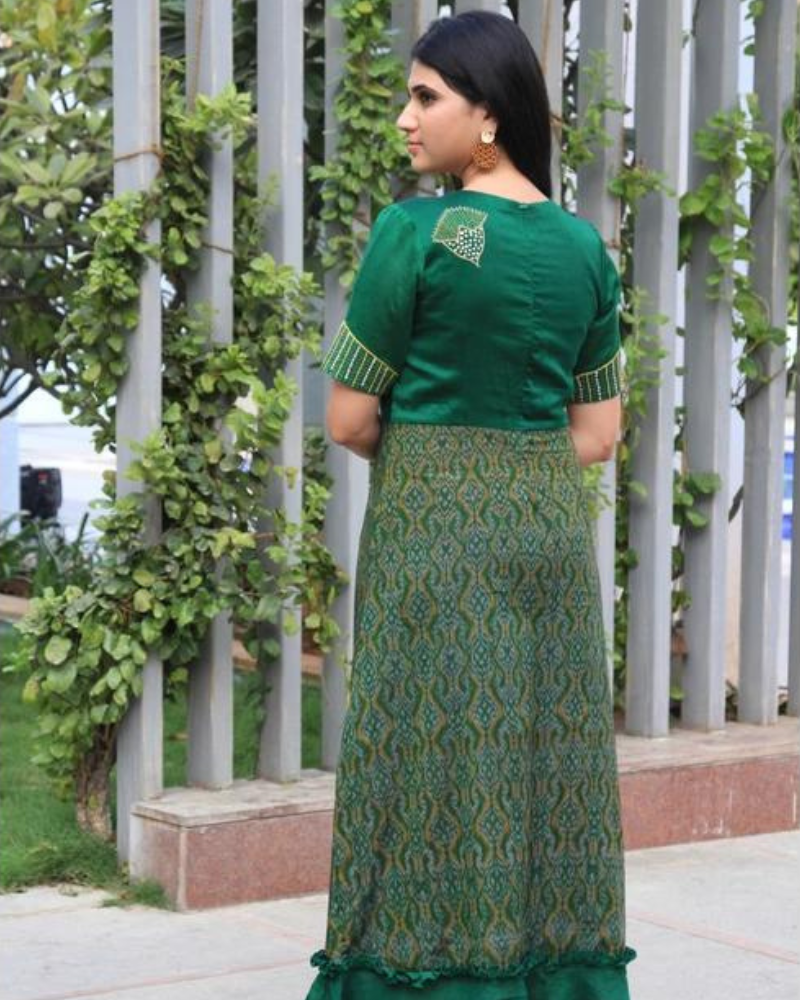 Green chanderi and SICO ikat gown with hand embroidery