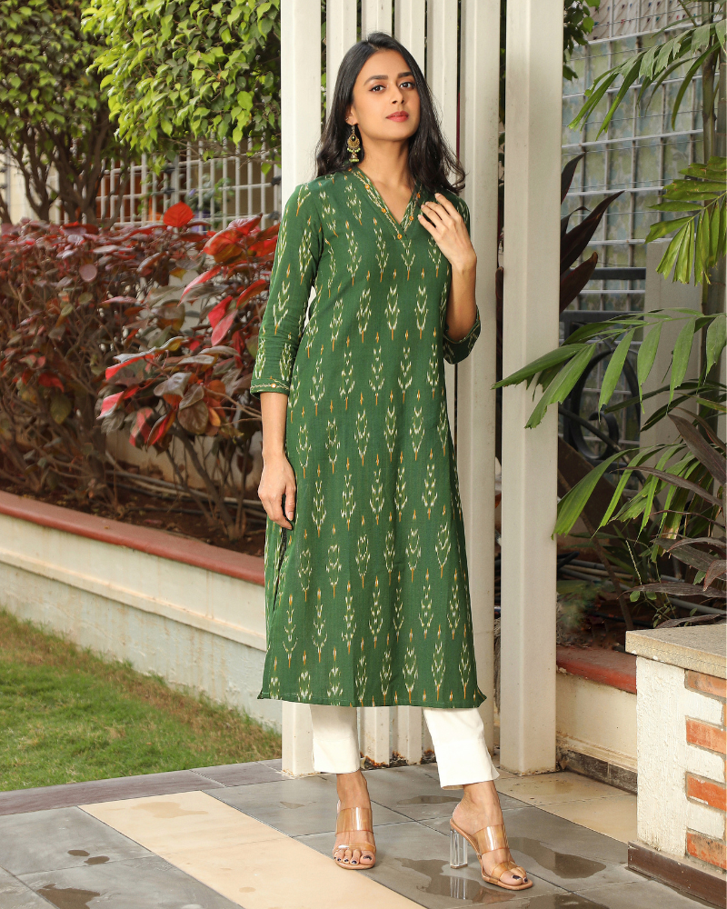 Green ikat overlapped V Collar kurta front view