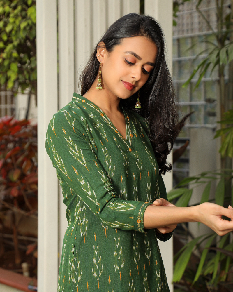Green ikat overlapped V Collar kurta sleeve view