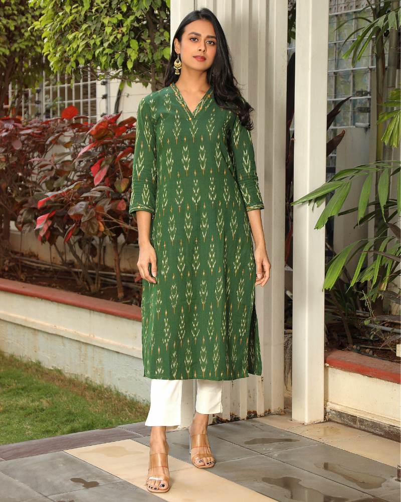 Green ikat overlapped V Collar kurta full view