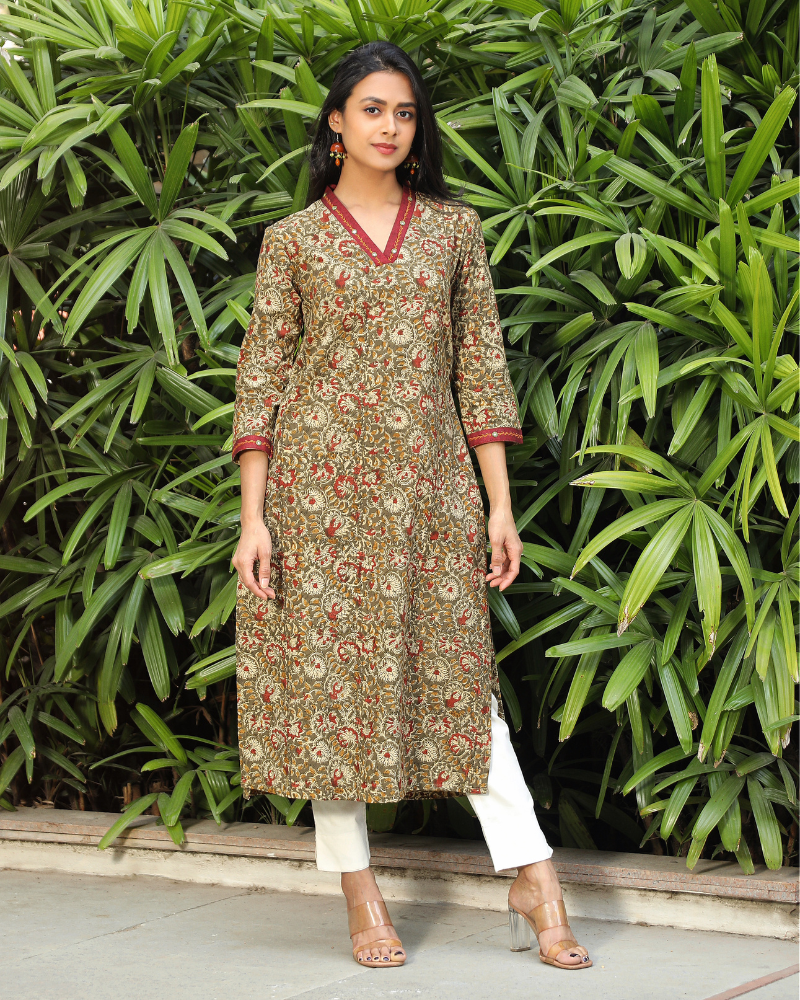 Green kalamkari overlapped V Collar kurta