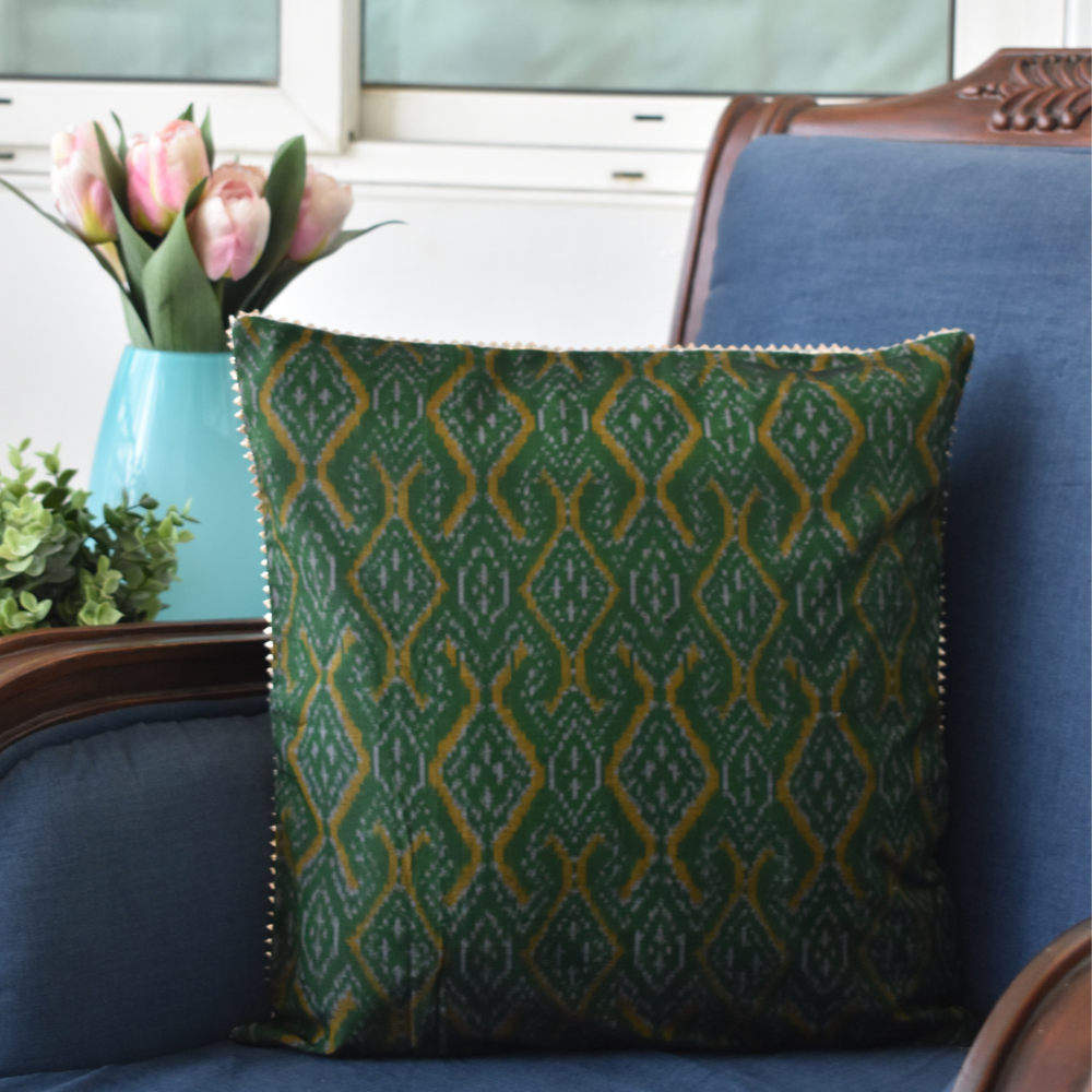 Green silk ikat cushion cover