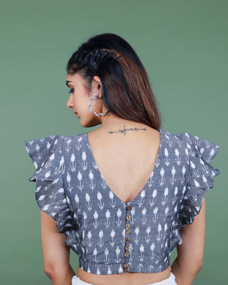 Green and teal blue ikat embroidered blouse - back