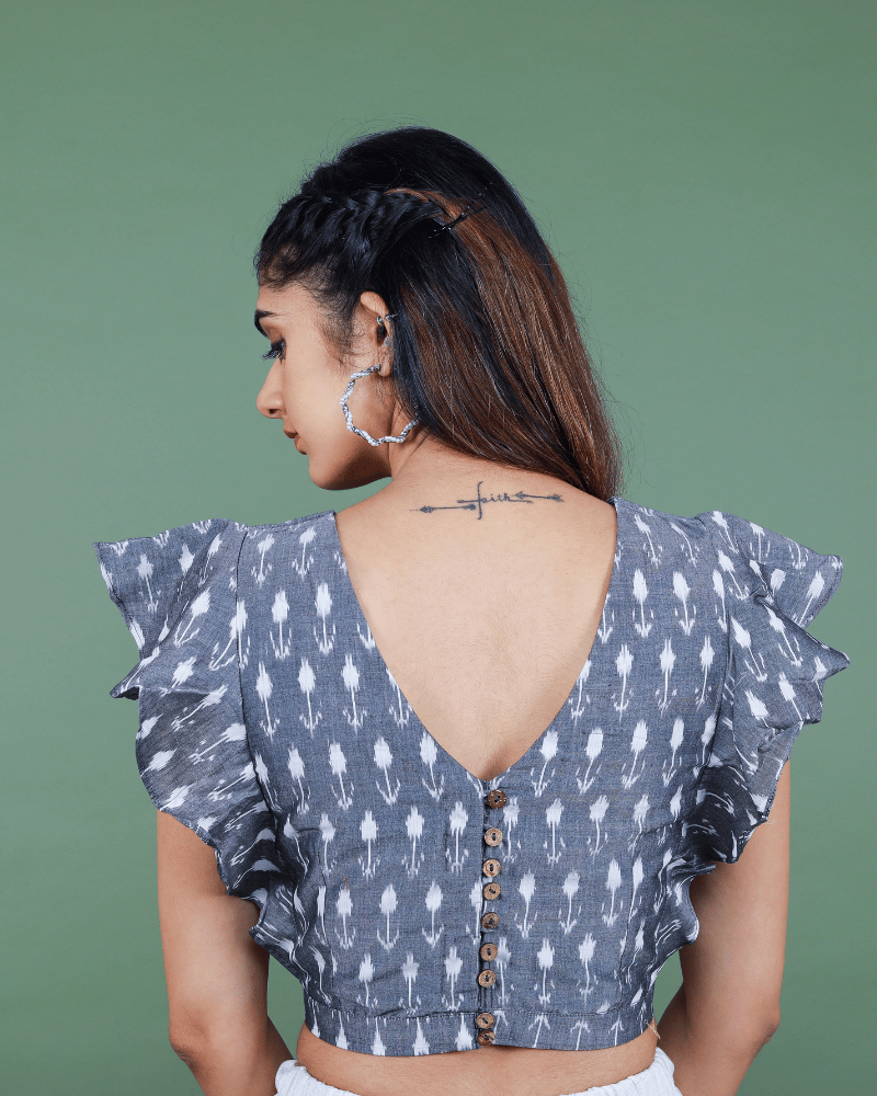 Grey Ikat Blouse With Frill Design - back