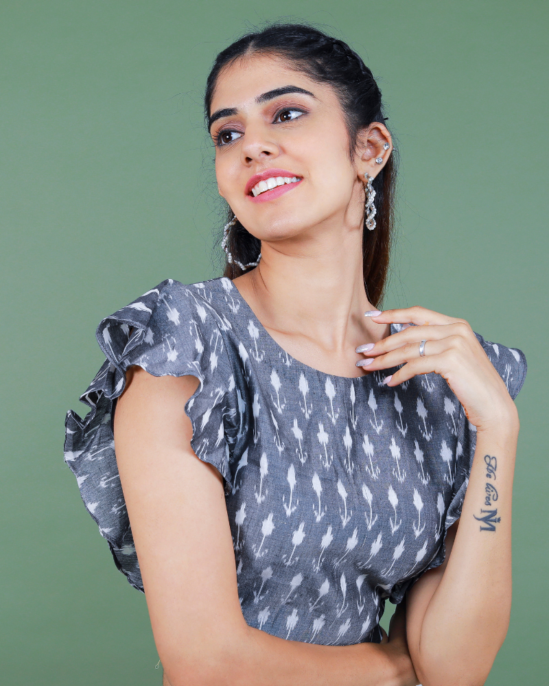 Green and teal blue ikat embroidered blouse - front