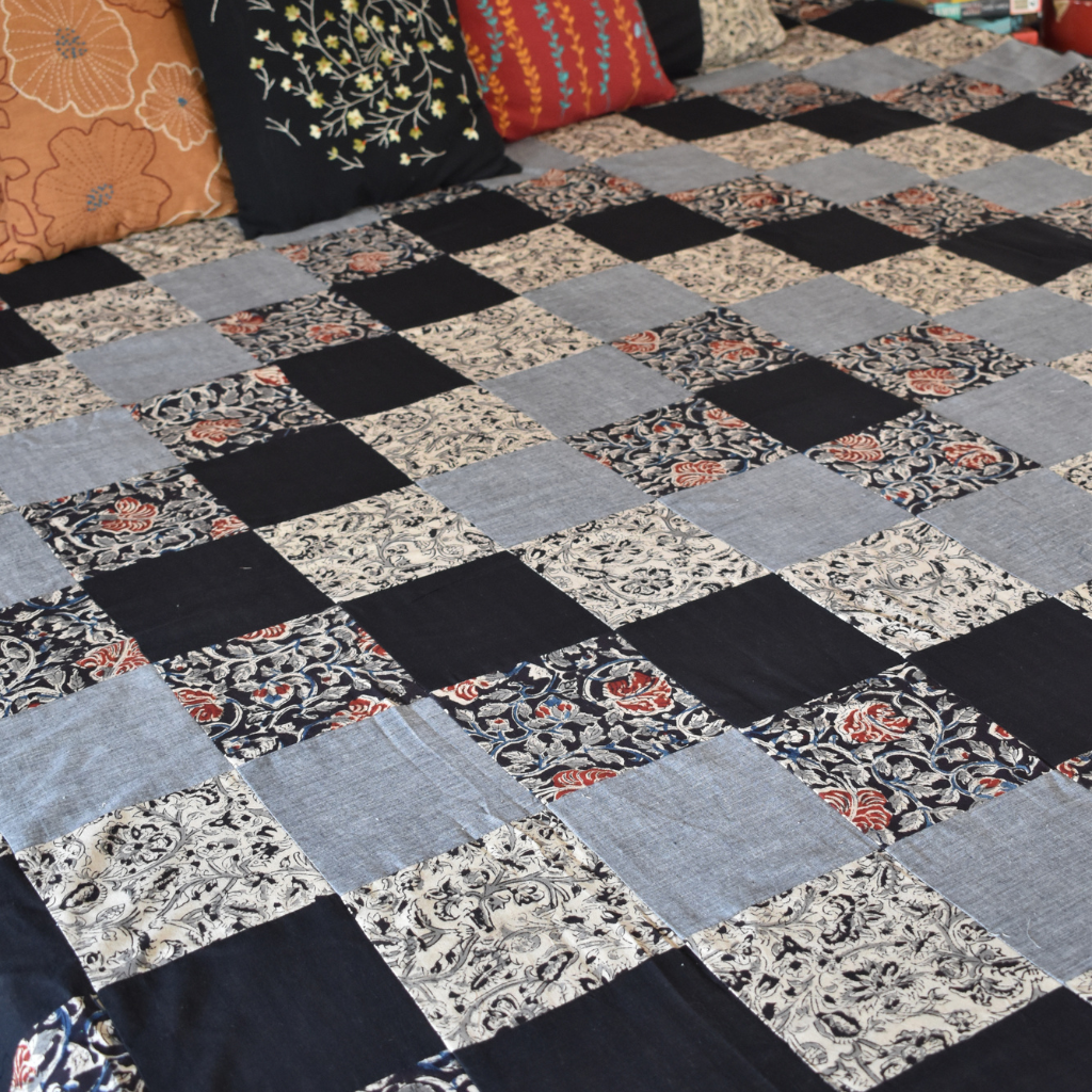 Kalamkari patchwork double bedcover in black