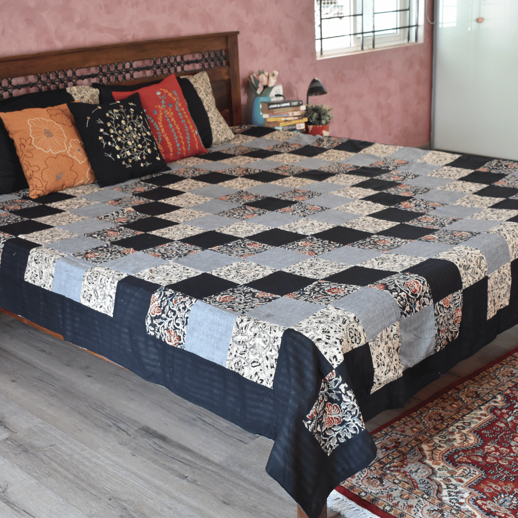 Kalamkari patchwork double bedcover in black - front