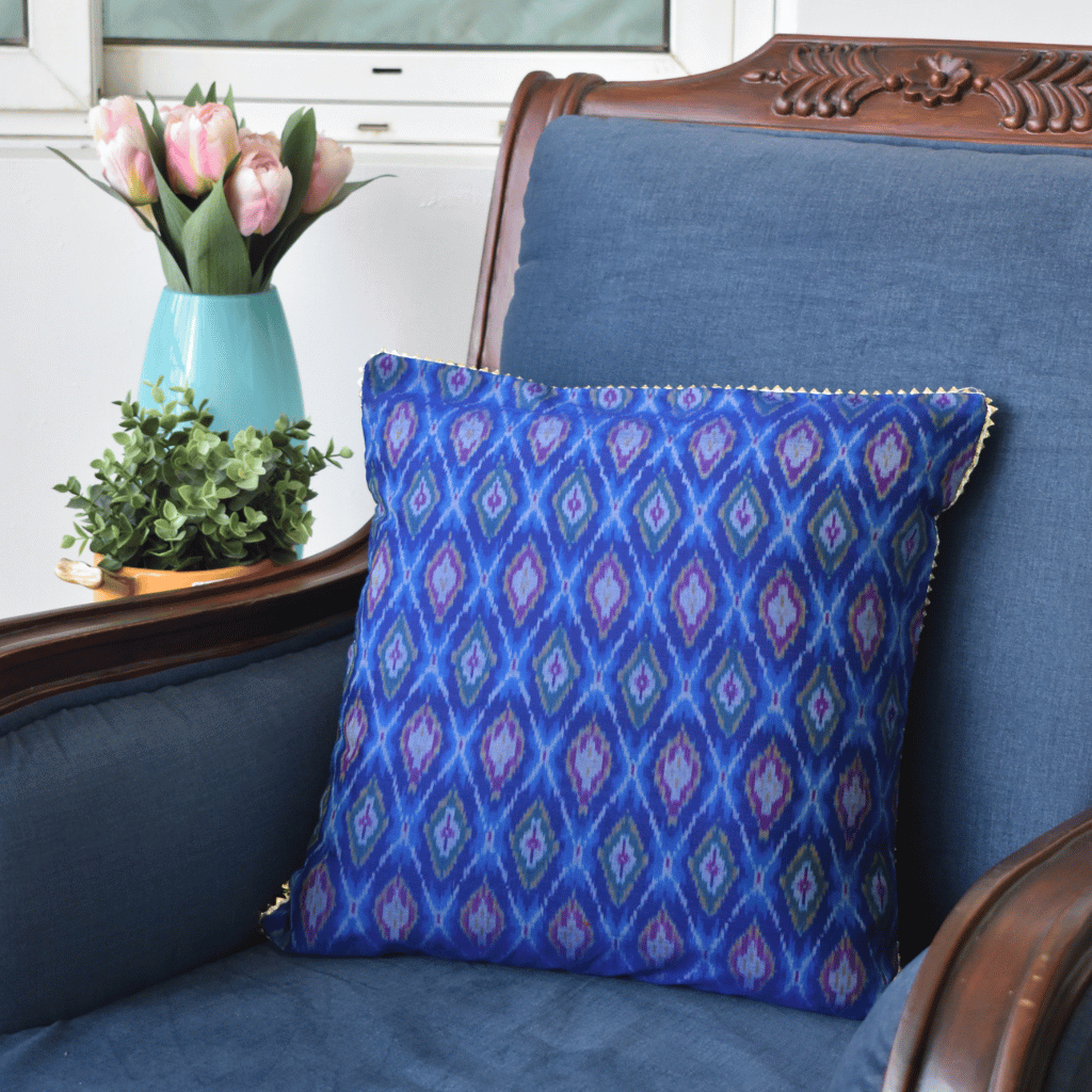 Blue silk ikat cushion cover - Front