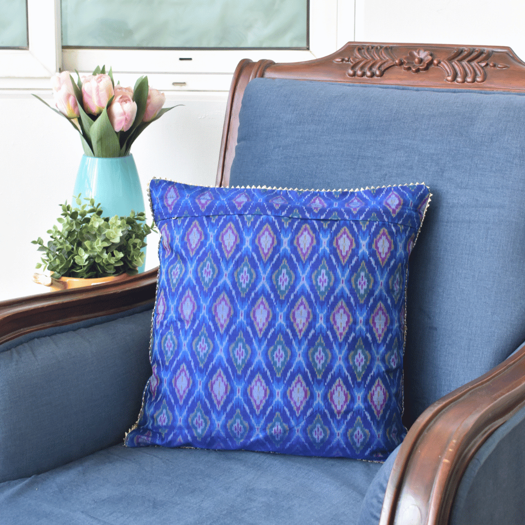 Blue silk ikat cushion cover - back