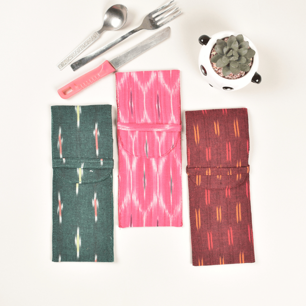 Travel cutlery pouch or reusable straw holder in ikat