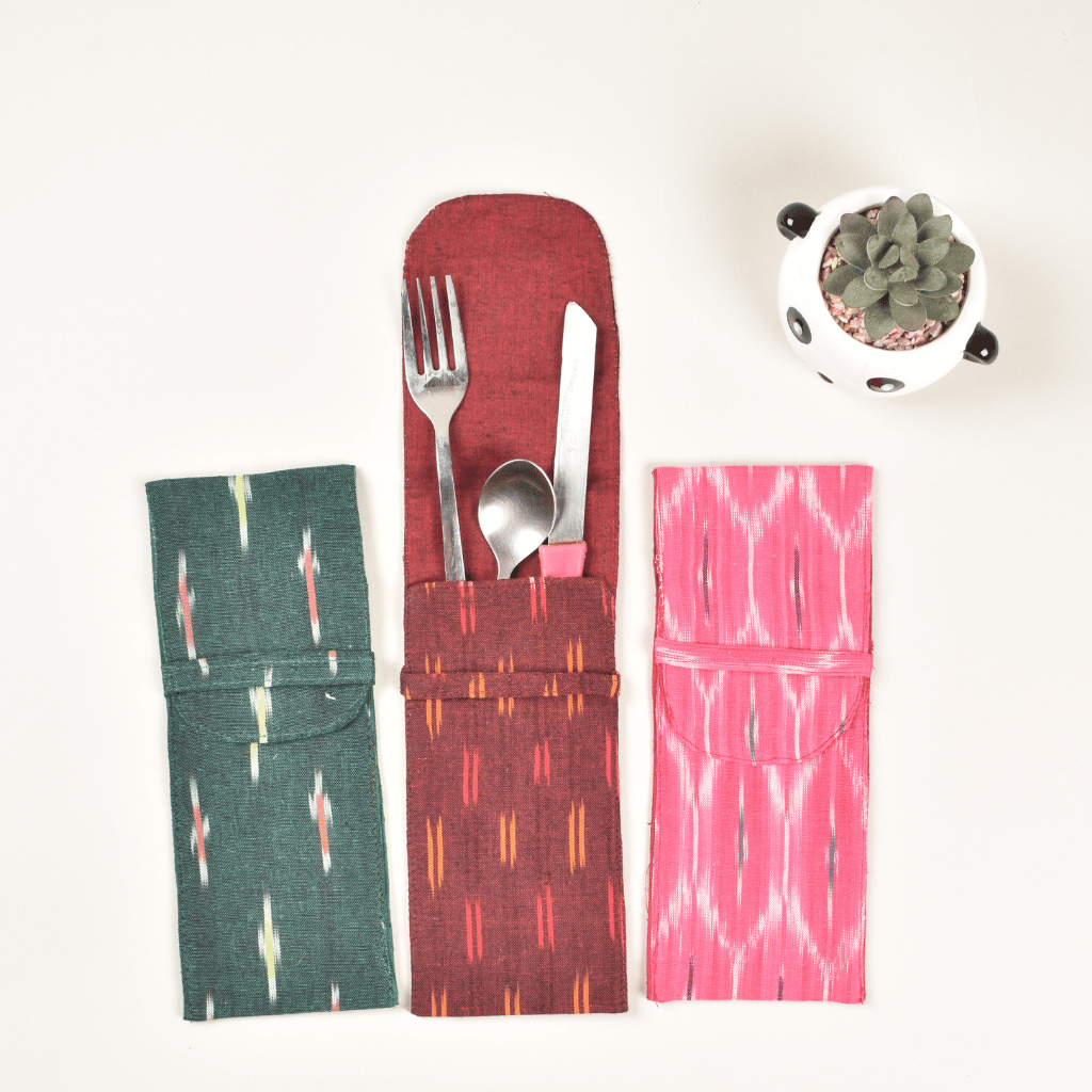 Travel cutlery pouch or reusable straw holder in ikat