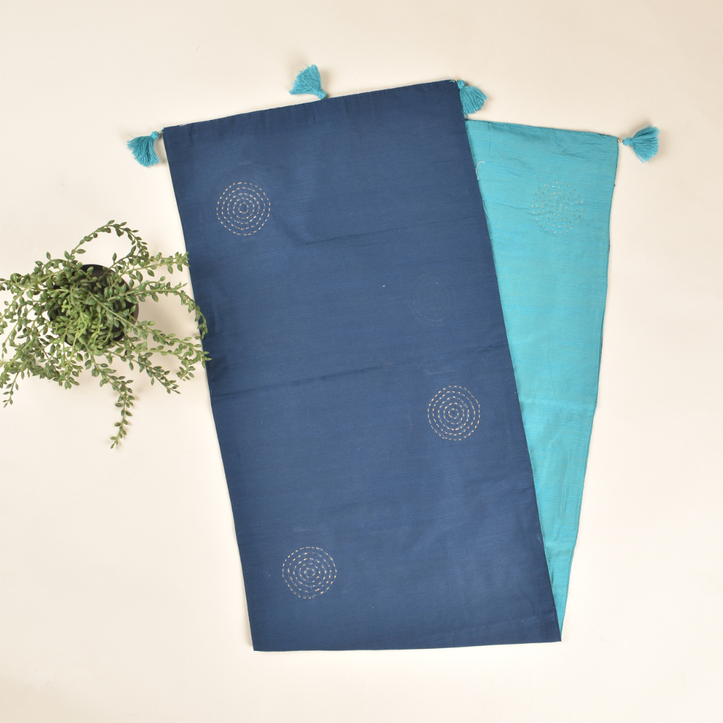 Navy Blue Silk reversible festive table runner