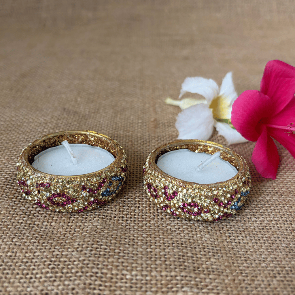Purple and Blue Stone Work Handmade Tealight Holders – Set of 2